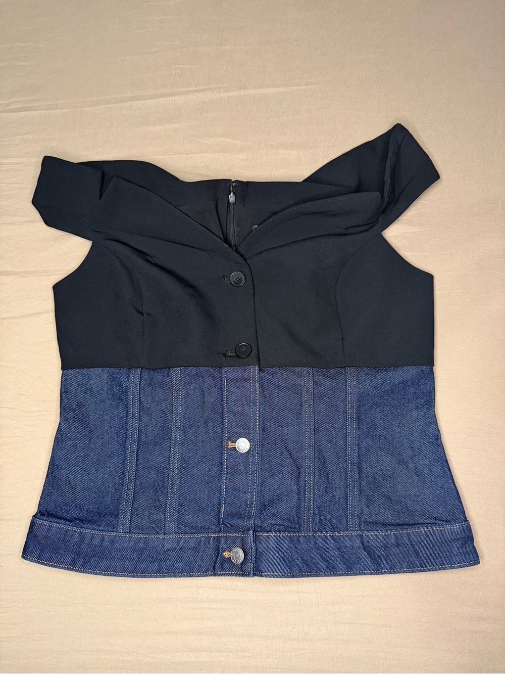 Express Blouse Women Blue Denim Twill Off The Shoulder Button Front Corset Top